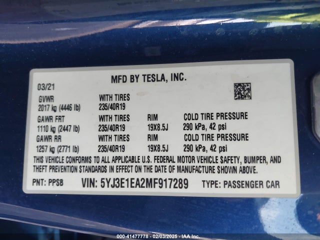2021 TESLA MODEL 3 5YJ3E1EA2MF917289 Photo 8
