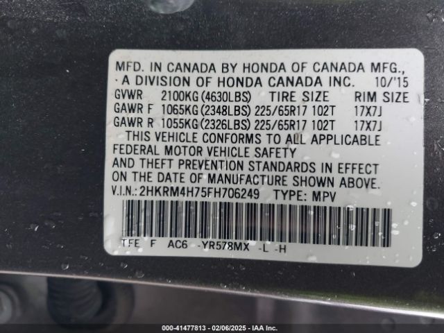 2HKRM4H75FH706249 Honda Cr-v Ex-l