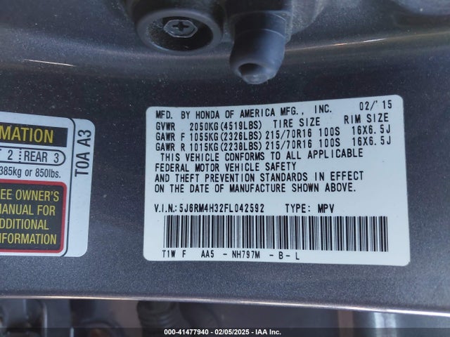 Honda CR-V LX 2015 5J6RM4H32FL042592 Image 9