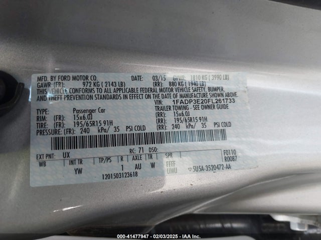 1FADP3E20FL261733 Ford FOCUS S