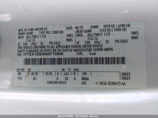 1FTEX1EBXNKF15858 Ford F-150 Xl