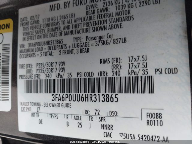 3FA6P0UU6HR313865 Ford Fusion Hybrid S