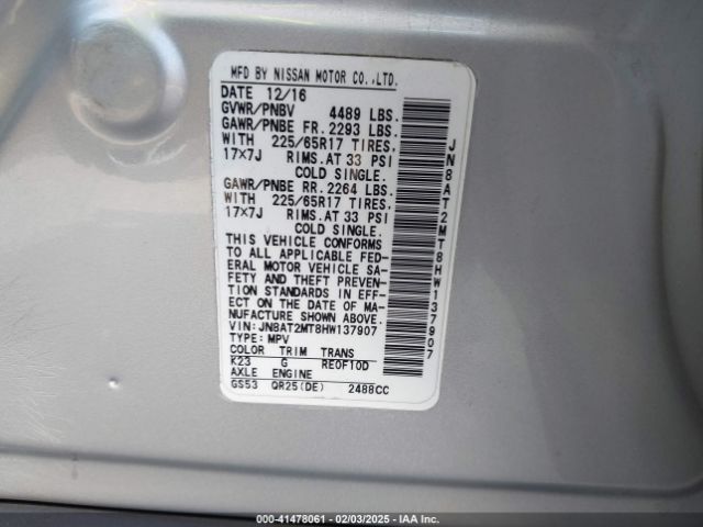 JN8AT2MT8HW137907 Nissan ROGUE SV