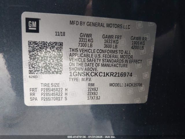 1GNSKCKC1KR216974 Chevrolet Tahoe Premier