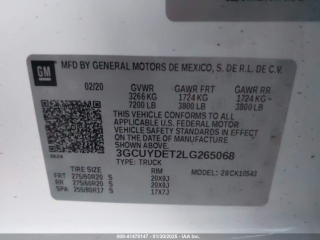 3GCUYDET2LG265068 Chevrolet Silverado 1500 4wd  Short Bed Lt
