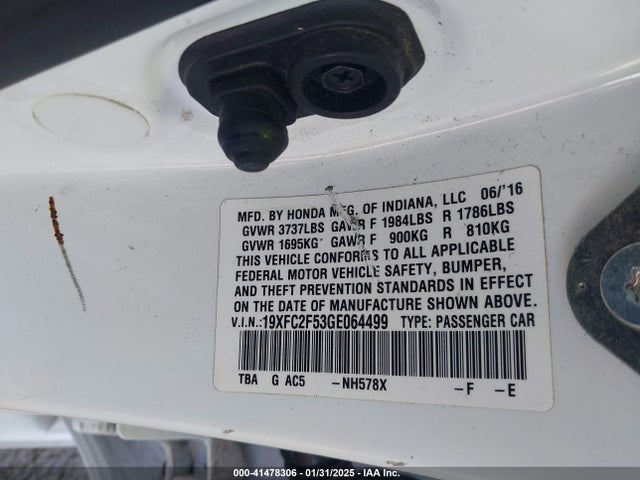 Honda Civic Lx 2016 19XFC2F53GE064499 Image 9