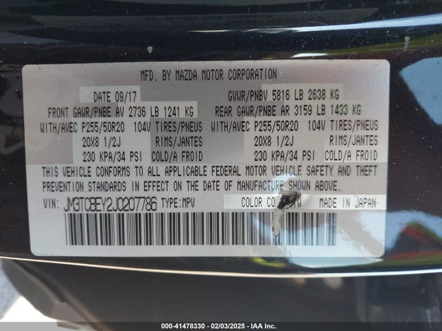 Продажа на аукционе авто 2018 Mazda Cx-9 Signature, vin: JM3TCBEY2J0207786, номер лота: 41478330