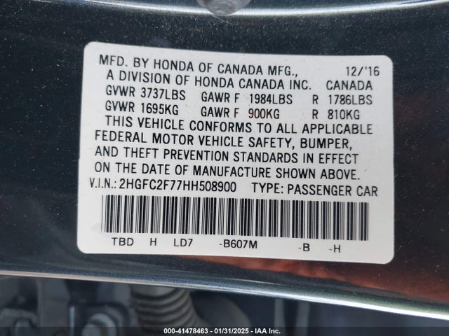 Honda CIVIC EX 2017 2HGFC2F77HH508900 Image 9