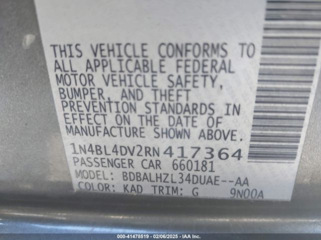 1N4BL4DV2RN417364 Nissan Altima Sv Fwd