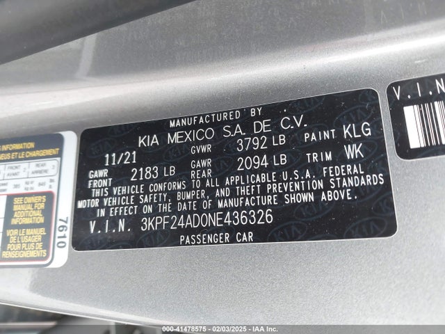 3KPF24AD0NE436326 KIA Forte Lxs
