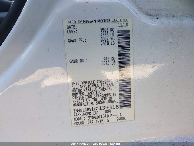 1N4BL4BV1KC139318 Nissan Altima 2.5 S