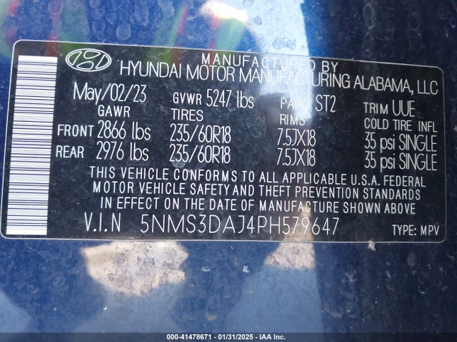 5NMS3DAJ4PH579647 Hyundai Santa Fe Sel