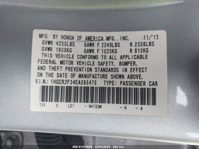 Honda ACCORD LX 2014 1HGCR2F34EA085475 Image 9