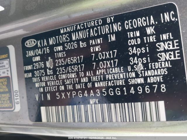 5XYPG4A35GG149678 KIA Sorento 2.4l Lx