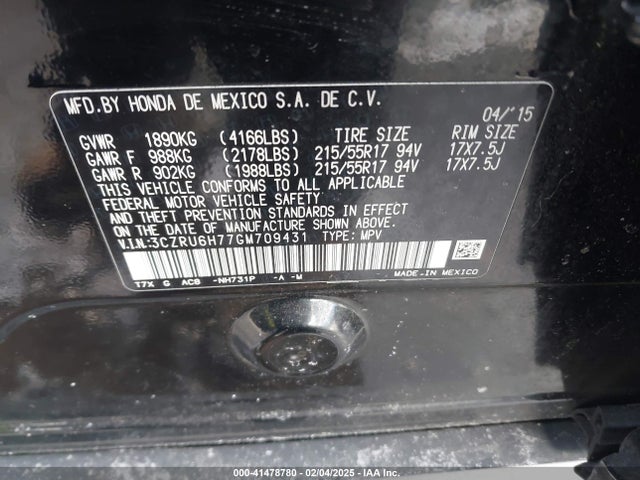 3CZRU6H77GM709431 Honda Hr-v Ex-l