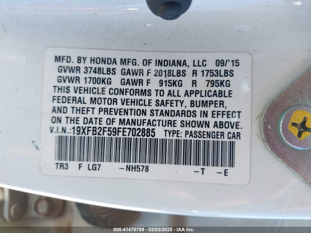 Honda Civic Lx 2015 19XFB2F59FE702885 Image 9