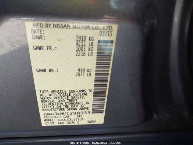 Продаж на аукціоні авто 2015 Nissan Altima 2.5 S, vin: 1N4AL3AP6FC298933, номер лоту: 41478998