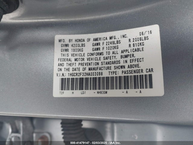 Honda ACCORD LX 2017 1HGCR2F32HA003098 Image 9