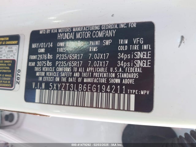 5XYZT3LB6EG194211 Hyundai Santa Fe Sport 2.4l