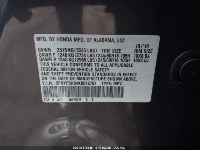 5FNYF5H54KB012767 Honda Pilot Ex-l