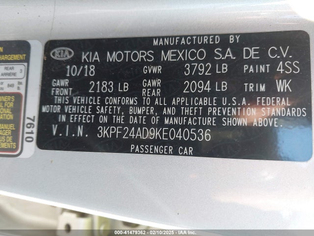 3KPF24AD9KE040536 KIA Forte Lxs