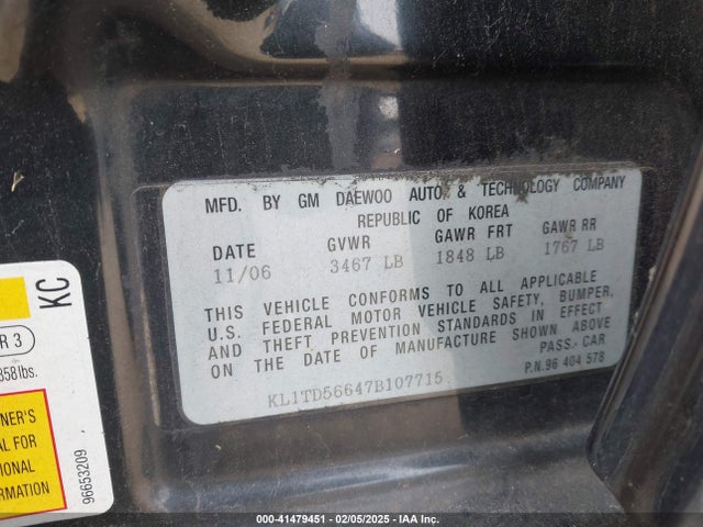 Продажа на аукционе авто 2007 Chevrolet Aveo Ls, vin: KL1TD56647B107715, номер лота: 41479451