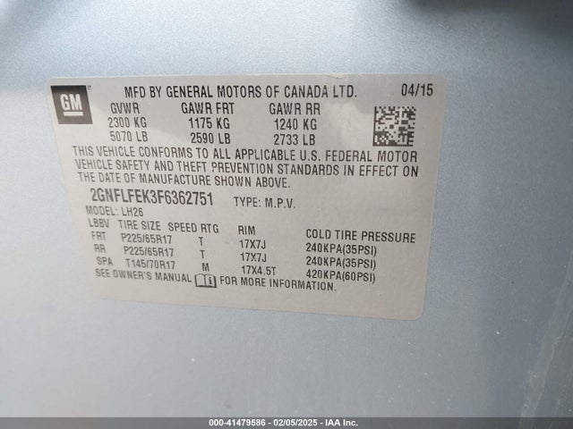 Chevrolet EQUINOX 1LT 2015 2GNFLFEK3F6362751 Image 9