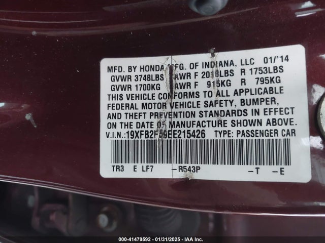 2014 Honda Civic Lx მანქანა იყიდება აუქციონზე, vin: 19XFB2F59EE215426, აუქციონის ნომერი: 41479592