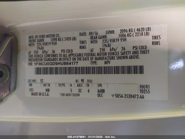 Ford ESCAPE SE 2017 1FMCU0GD9HUB64177 Image 9