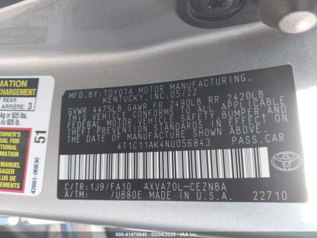 4T1C11AK4NU056843 Toyota CAMRY LE