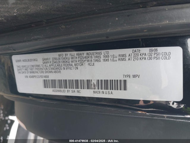 2007 Subaru Outback 2.5i Basic მანქანა იყიდება აუქციონზე, vin: 4S4BP61C576314858, აუქციონის ნომერი: 41479938