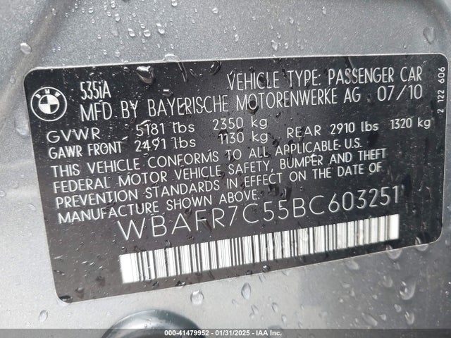 41479952 :رقم المزاد ، WBAFR7C55BC603251 vin ، 2011 Bmw 535i مزاد بيع