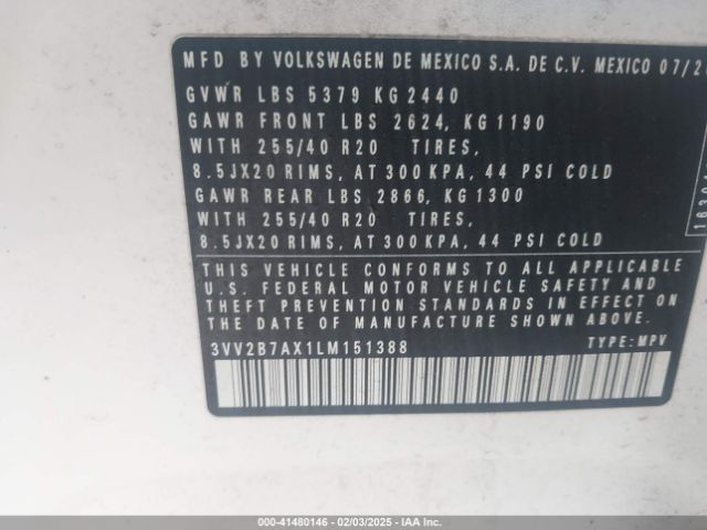 3VV2B7AX1LM151388 Volkswagen Tiguan 2.0t Se/2.0t Se R-line Black/2.0t Sel