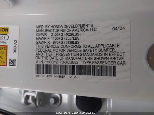 1HGCY2F75RA058832 Honda Accord Hybrid Sport-l