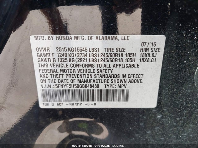 Honda Pilot Ex-l 2016 5FNYF5H50GB048480 Image 9