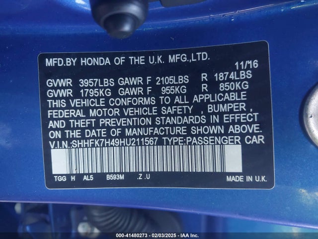 SHHFK7H49HU211567 Honda Civic Sport