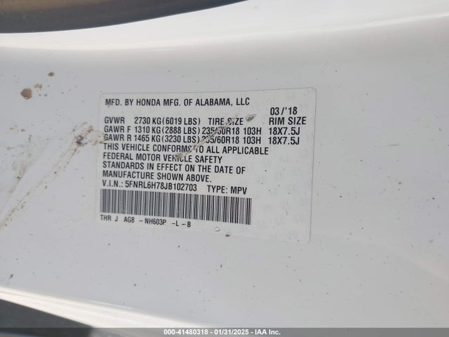 5FNRL6H78JB102703 Honda Odyssey Ex-l