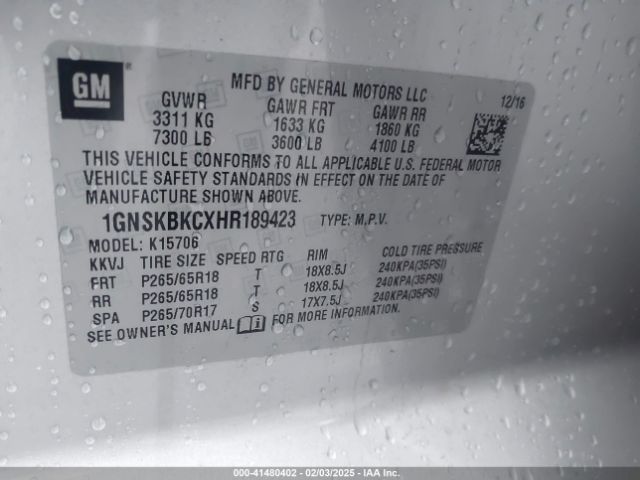 1GNSKBKCXHR189423 Chevrolet Tahoe Lt