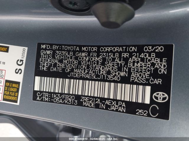 JTDEPRAE5LJ113540 Toyota COROLLA LE