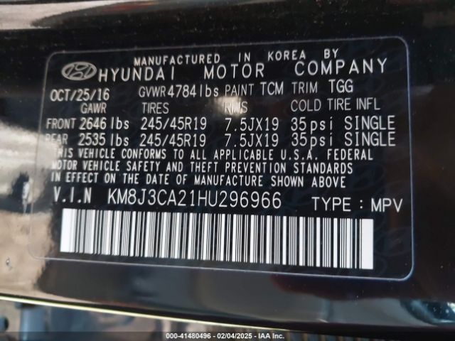 KM8J3CA21HU296966 Hyundai Tucson Sport