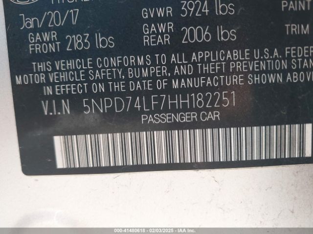 5NPD74LF7HH182251 Hyundai ELANTRA SE