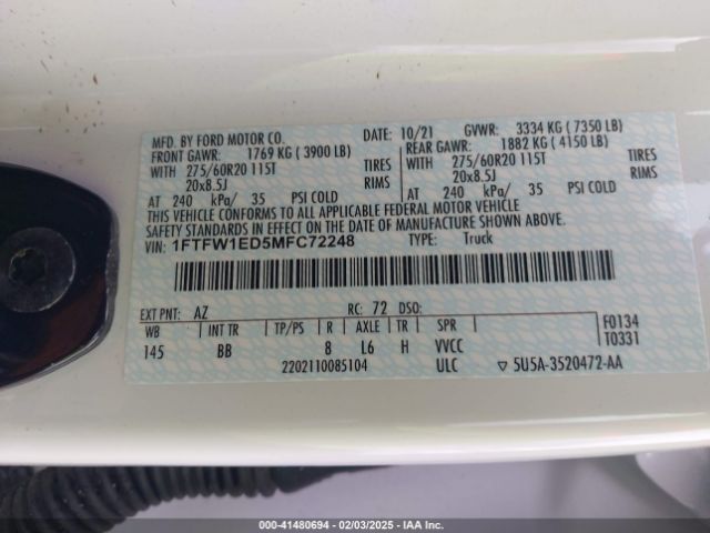 1FTFW1ED5MFC72248 Ford F-150 Platinum