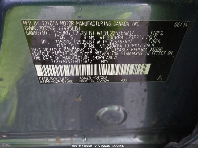 2T3ZFREV7EW115972 Toyota RAV4 LE