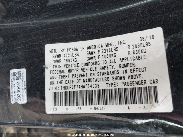 Honda ACCORD EX 2017 1HGCR2F74HA004336 Image 9