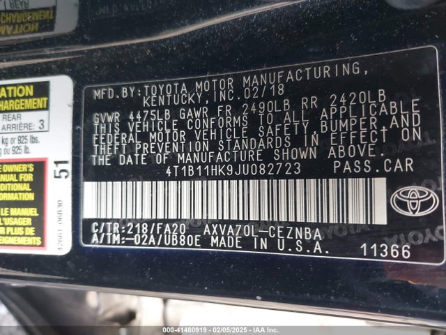 4T1B11HK9JU082723 Toyota CAMRY LE