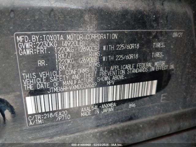 JTMB6RFVXMD039689 Toyota Rav4 Hybrid Xle Premium