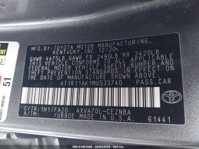 4T1R11AK1MU533740 Toyota CAMRY LE
