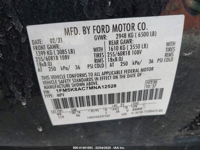 1FM5K8AC7MNA12528 Ford Police Interceptor