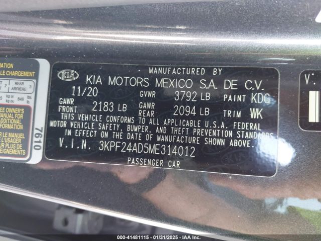 3KPF24AD5ME314012 KIA Forte Lxs