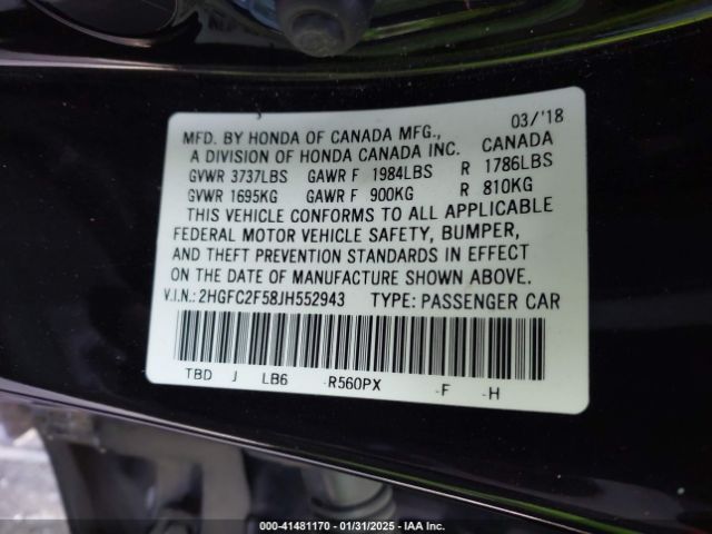 2HGFC2F58JH552943 Honda Civic Lx